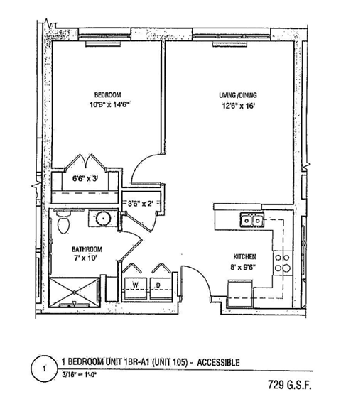 Floor plan for 1 bed, 1 bath, 729 sqft